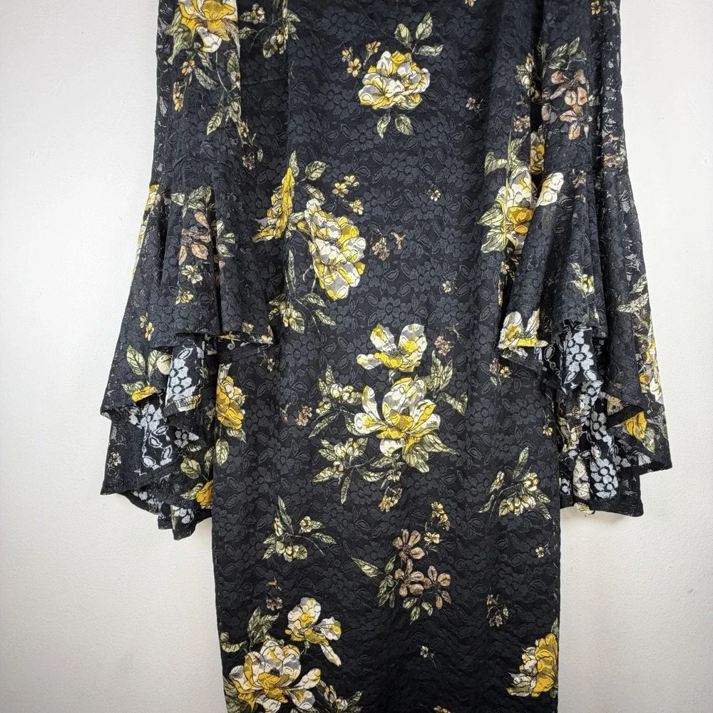 VFSHOW Women's Large Mesh Floral Dress Black Yellow Bell Sleeve Midi Career‎